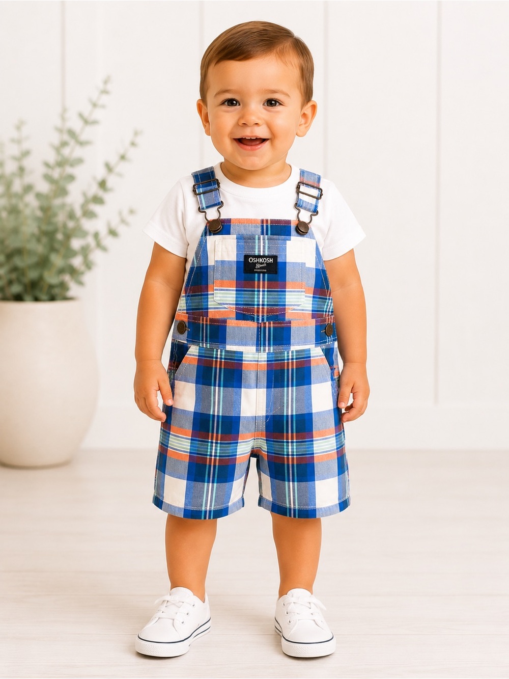 OshKosh B’gosh Baby Boy Plaid Shortalls 18M Blue Summer Overalls